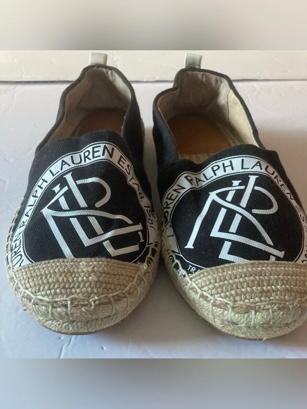 Ralph Lauren SZ 7.5 Black Espadrilles prominent white logo.Slip on flats. - Picture 3 of 9